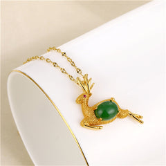 Green Jade & Cubic Zirconia Reindeer Pendant Necklace