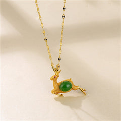 Green Jade & Cubic Zirconia Reindeer Pendant Necklace