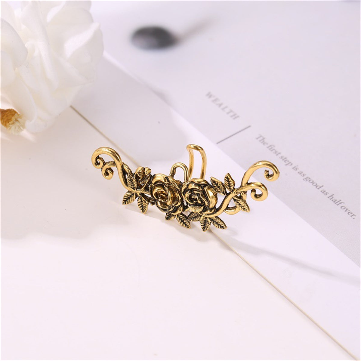 18K Gold-Plated Rose Ear Cuff, gold stud earrings for women, vintage-inspired design, detail close-up