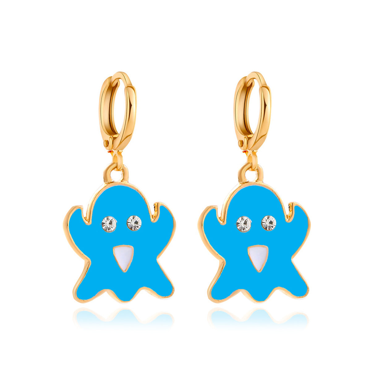 Blue Enamel and Cubic Zirconia 18K Gold-Plated Ghost Huggie Earrings, gold huggie earrings, elegant gift for her, side view