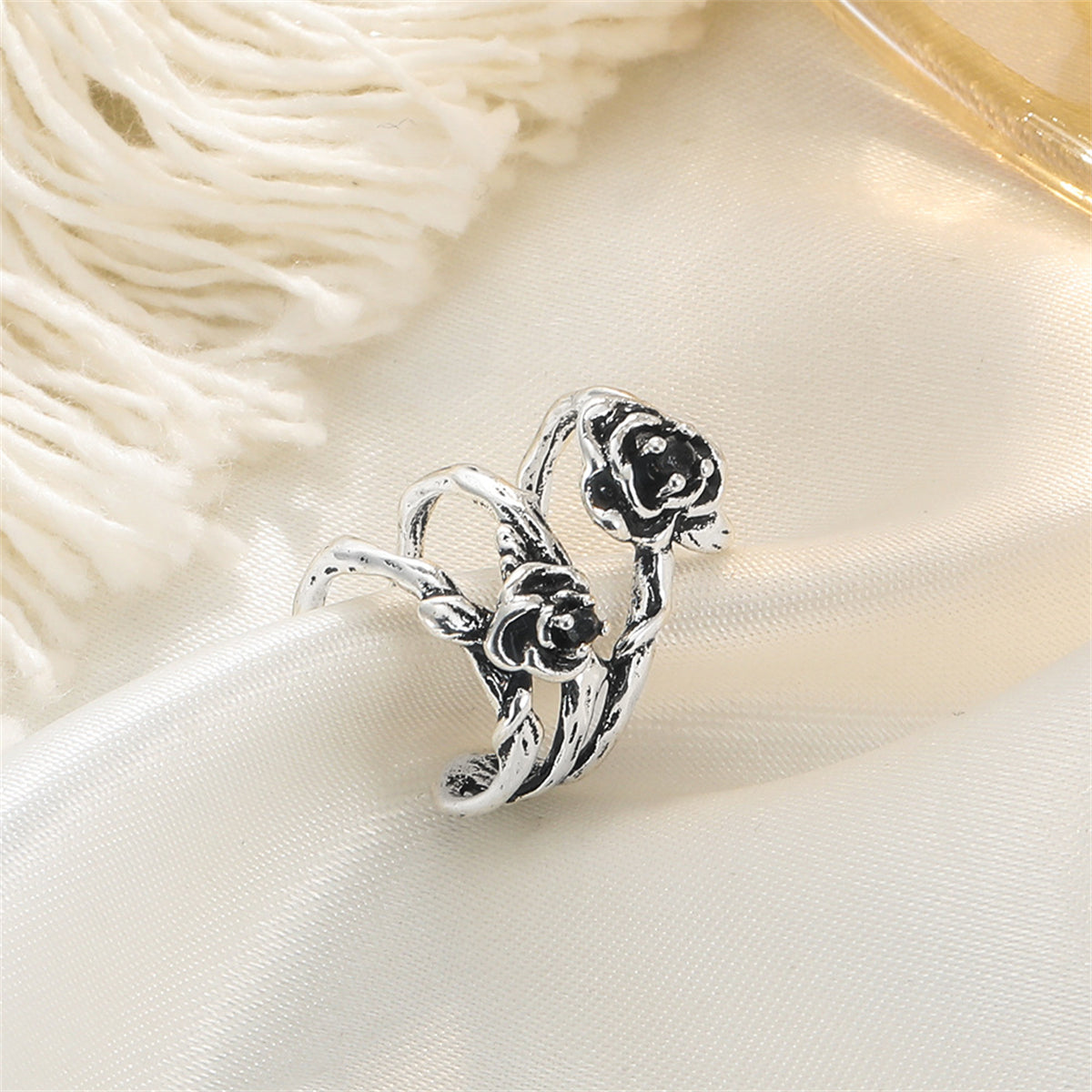 Black and Silver-Plated Rose Layered Ear Cuff, silver stud earrings for women, botanical inspired, styled look
