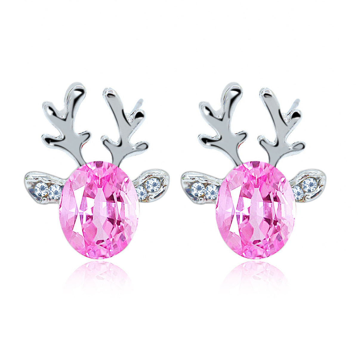 Pink Crystal and Cubic Zirconia Reindeer Oval Stud Earrings, stud earrings for women, botanical inspired, front view