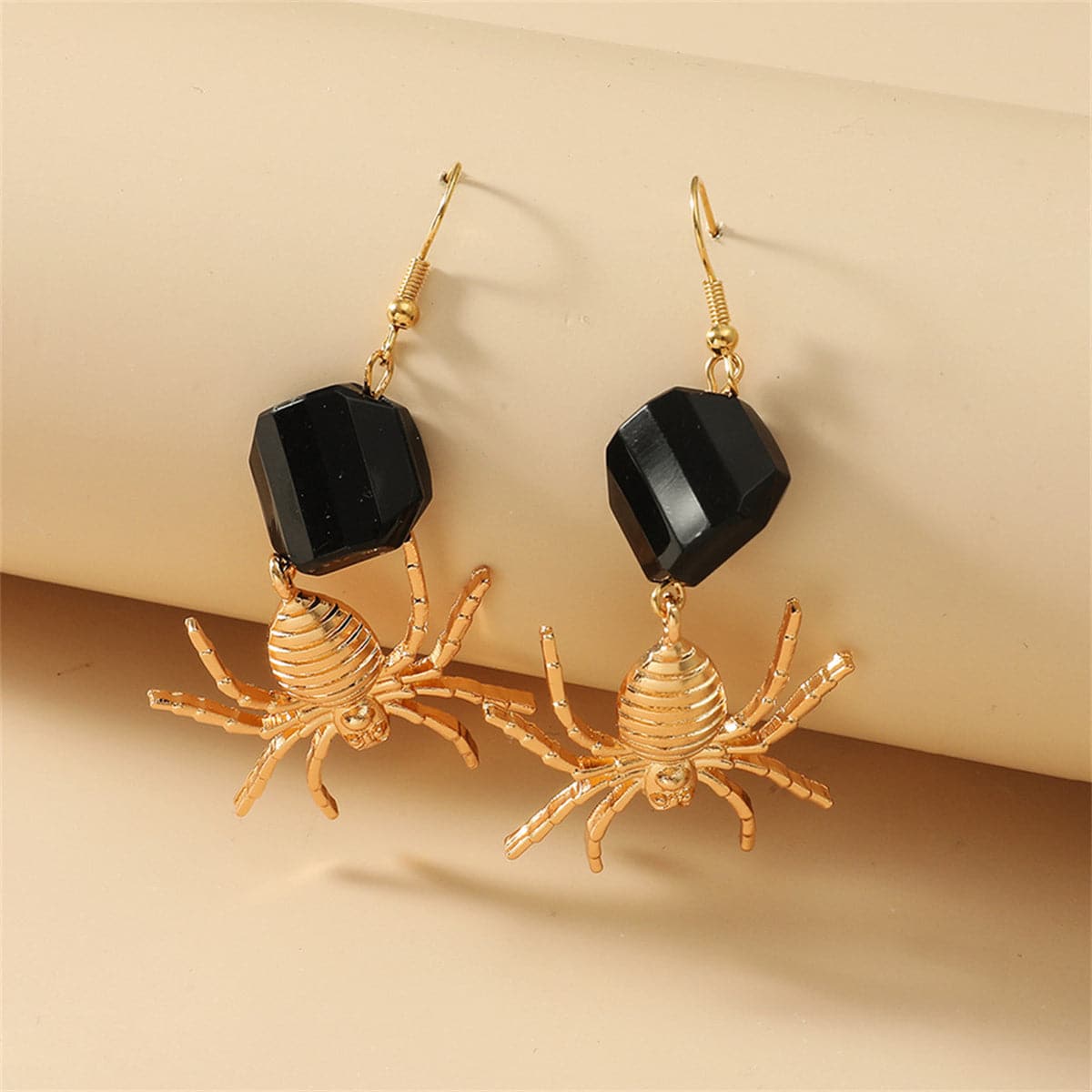 Black Acrylic and 18K Gold-Plated Spider Drop Earrings, gold drop earrings for women, elegant gift for her, detail close-up
