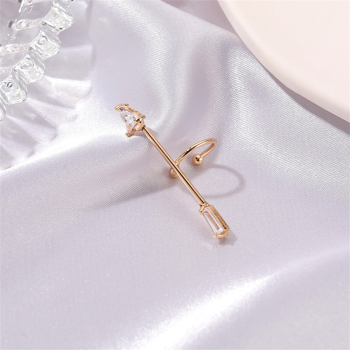 Crystal and 18K Gold-Plated Arrow Ear Cuff, gold stud earrings for women, botanical inspired, detail close-up