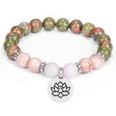Pink Quartz & Silver-Plated Lotus Charm Beaded Stretch Bracelet