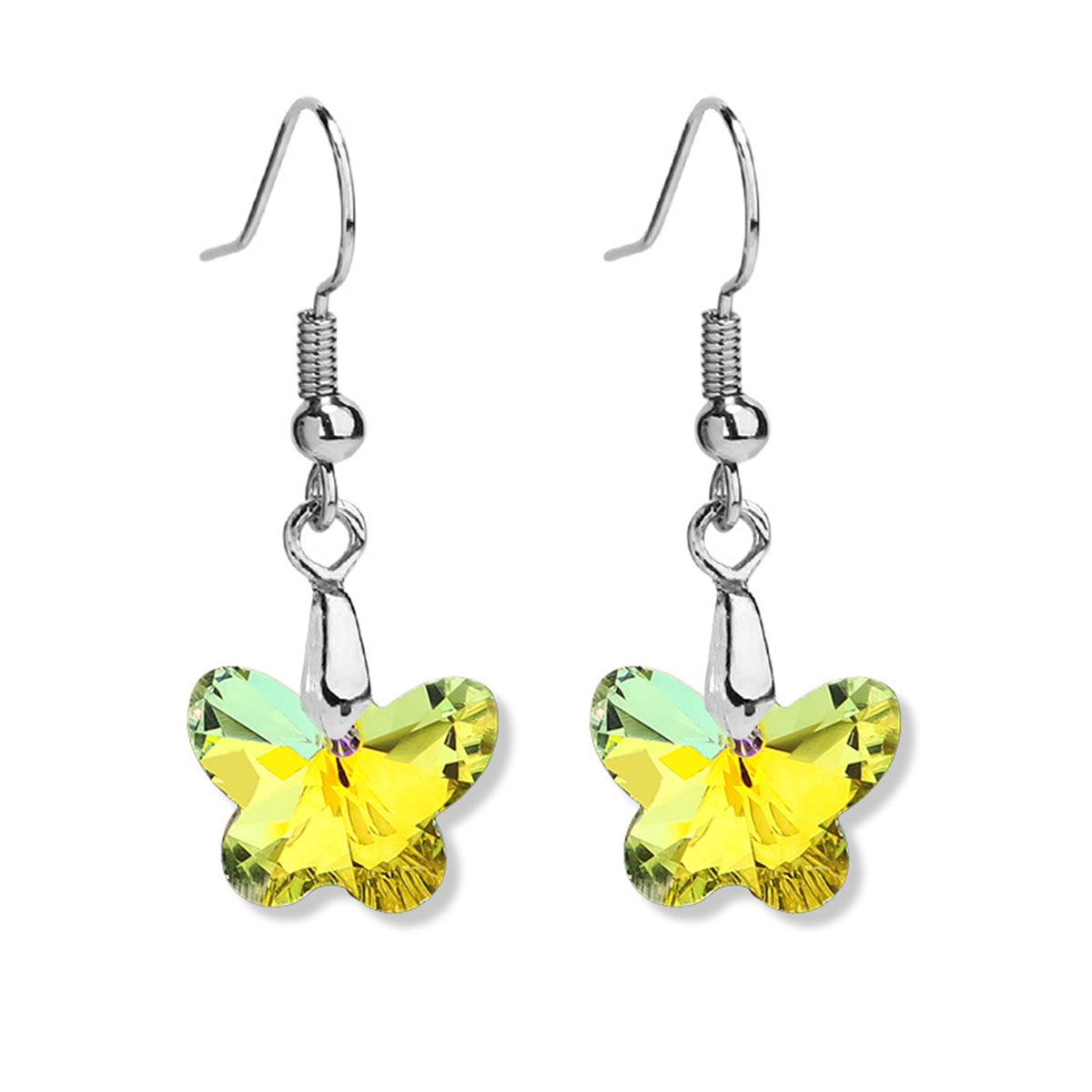 Yellow Crystal and Silver-Plated Butterfly Drop Earrings, silver drop earrings for women, front view