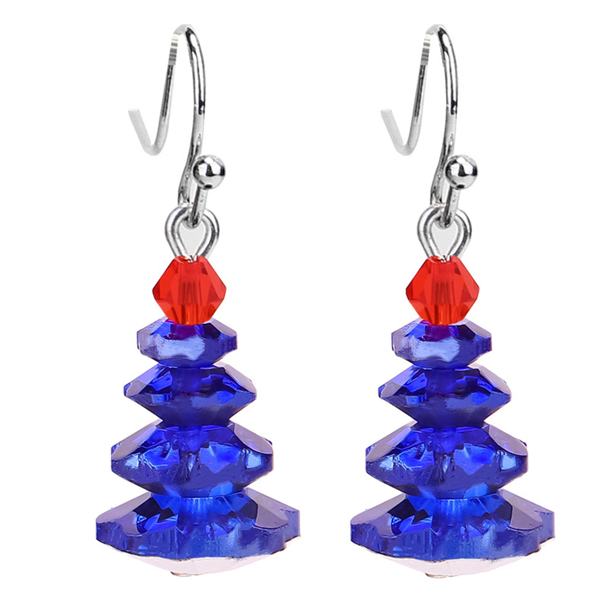Navy Crystal and Red Stacked Festive Tree Drop Earrings, drop earrings for women, botanical inspired, front view