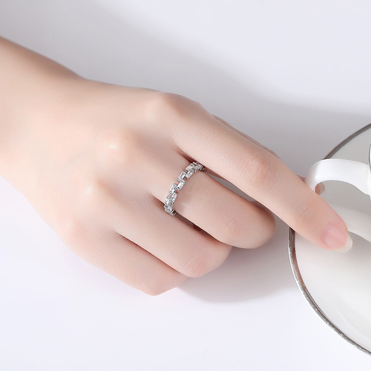 Crystal and Silver-Plated Baguette-Cut Band Ring, silver statement rings for women, dainty minimalist design, lifestyle look
