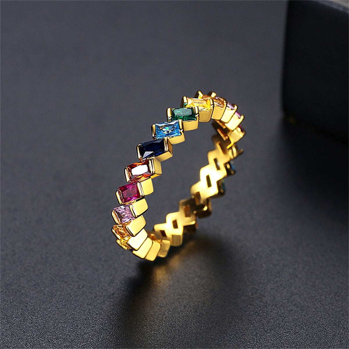 Multicolor Crystal and 18K Gold-Plated Band, gold statement rings for women, dainty minimalist design, detail close-up