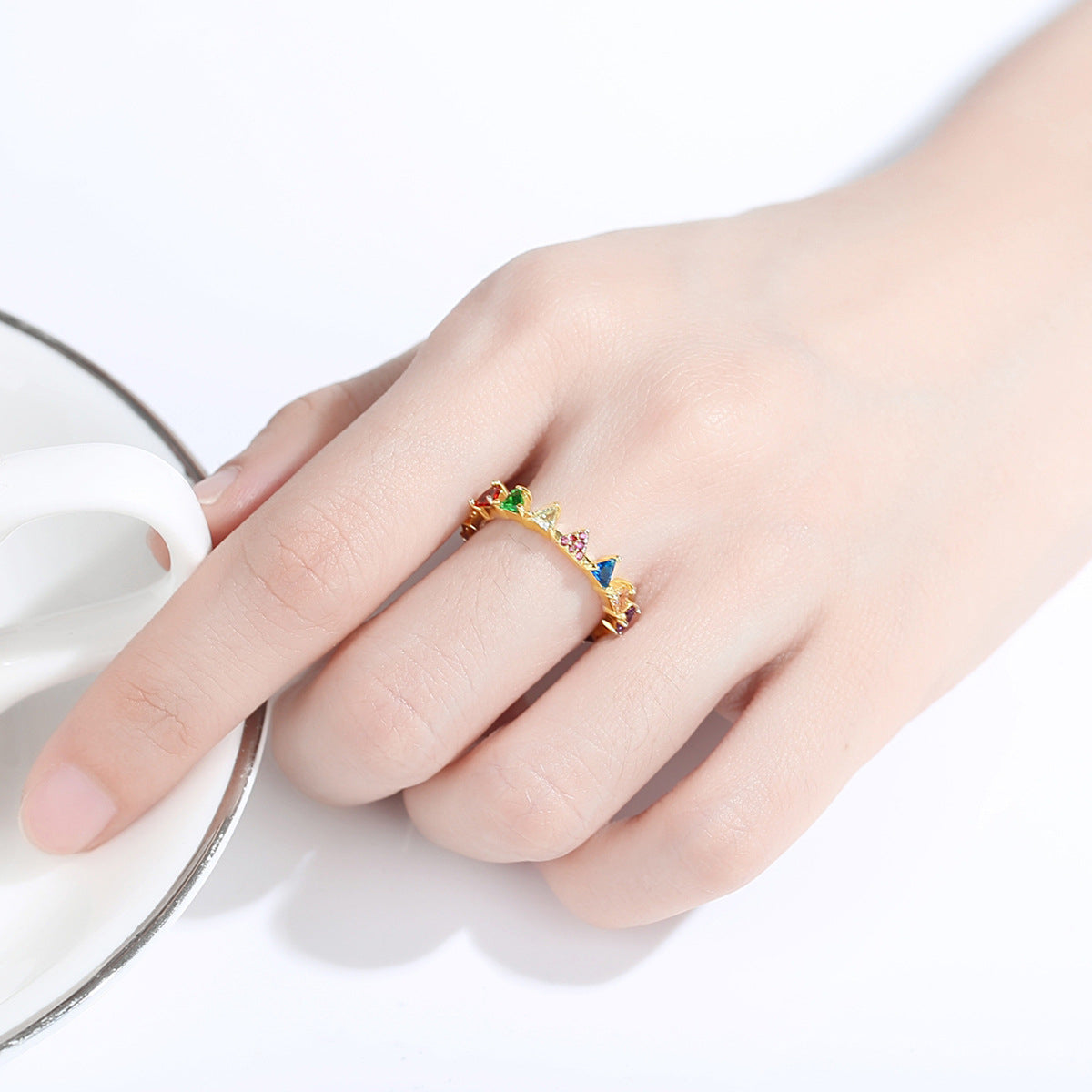 Crystal and 18K Gold-Plated Multicolor Triangle Band Ring, gold statement rings for women, botanical inspired, lifestyle look