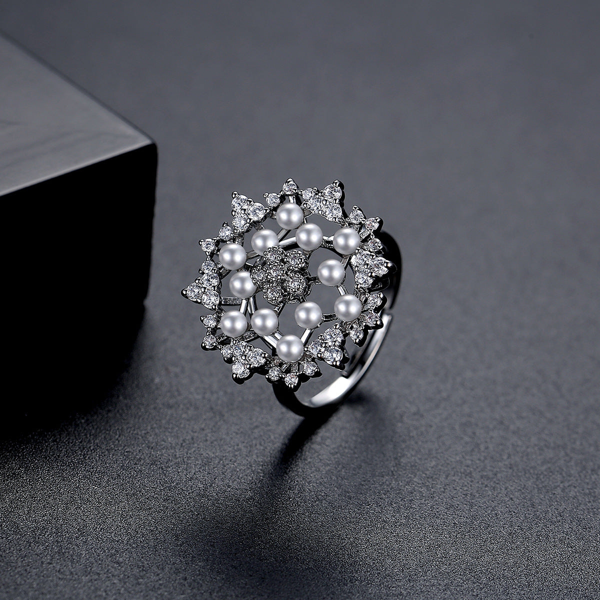 Cubic Zirconia and Pearl Silver-Plated Flower Adjustable Ring, silver statement rings for women, lifestyle look
