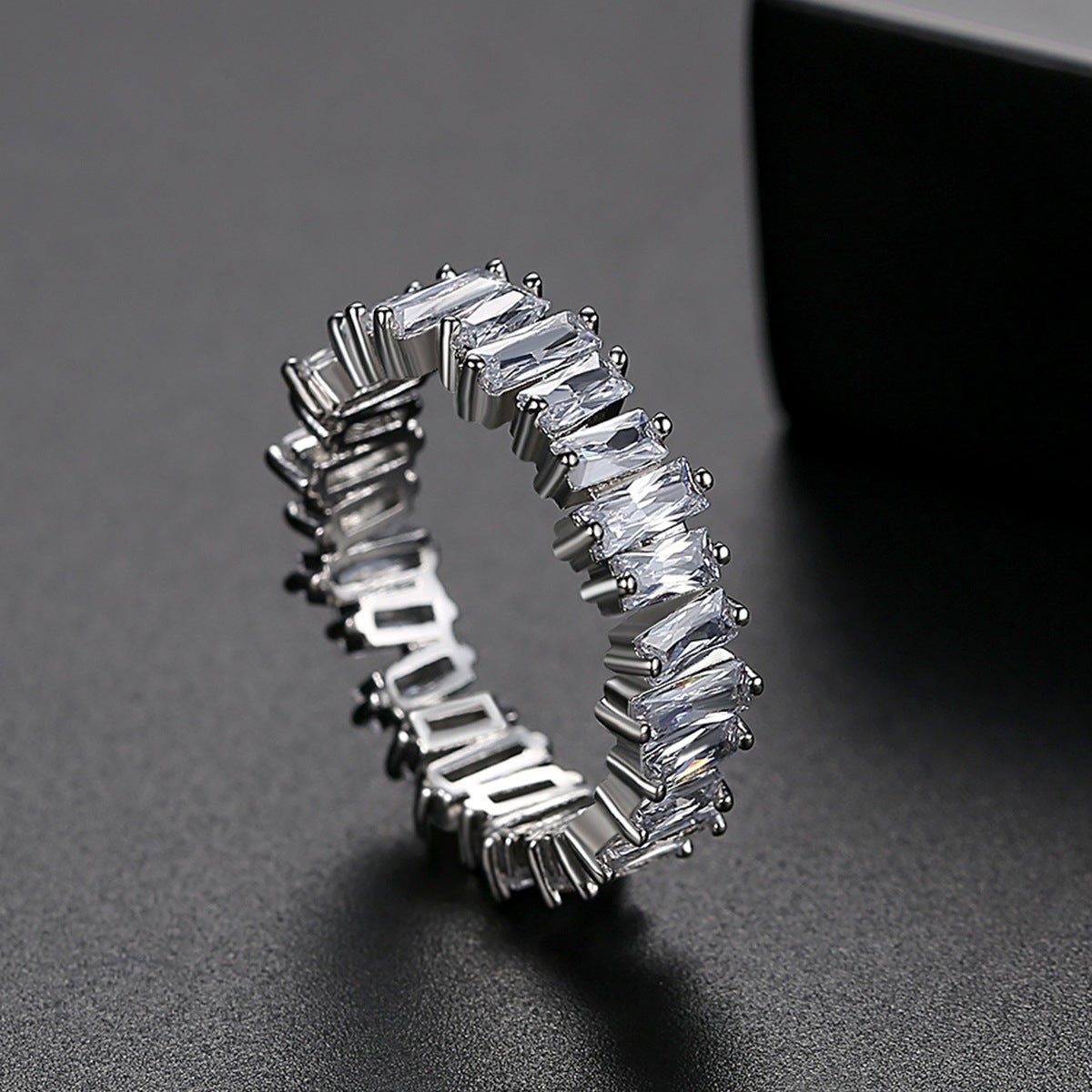 Crystal and Silver-Plated Ladder Band Ring, silver statement rings for women, botanical inspired, front view