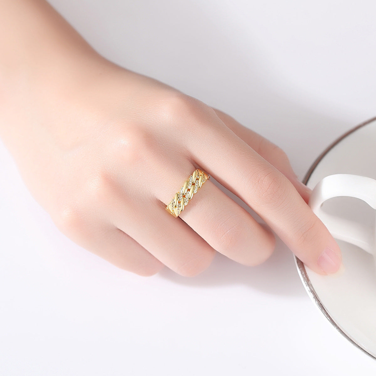 Cubic Zirconia and 18K Gold-Plated Geometric Open Ring, gold statement rings for women, detail close-up