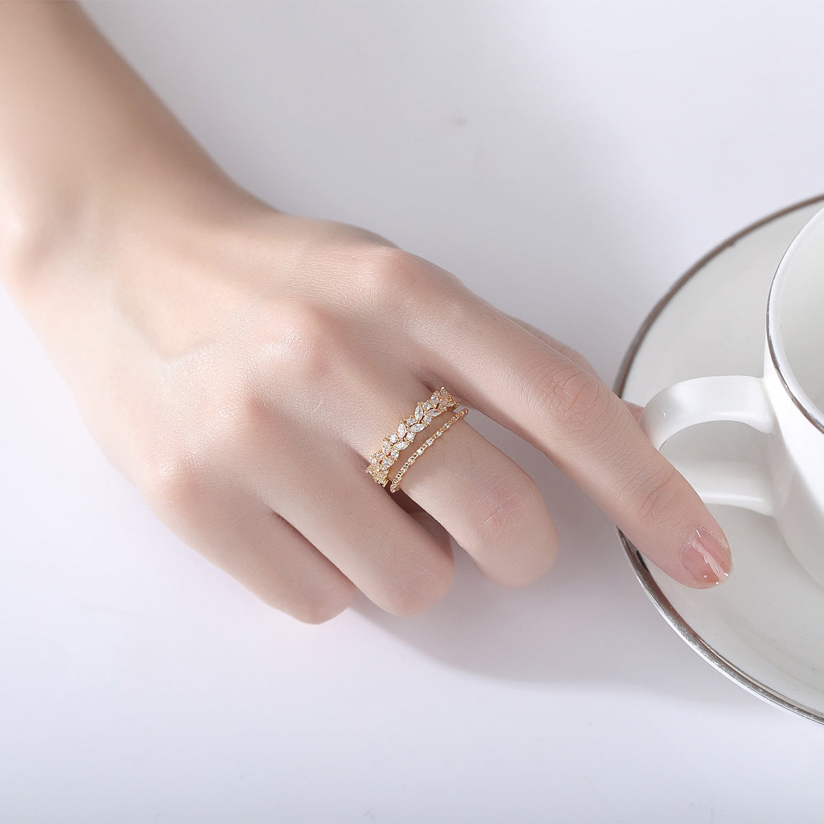 Crystal and 18K Gold-Plated Marquise-Cut Layered Open Ring, gold statement rings for women, detail close-up