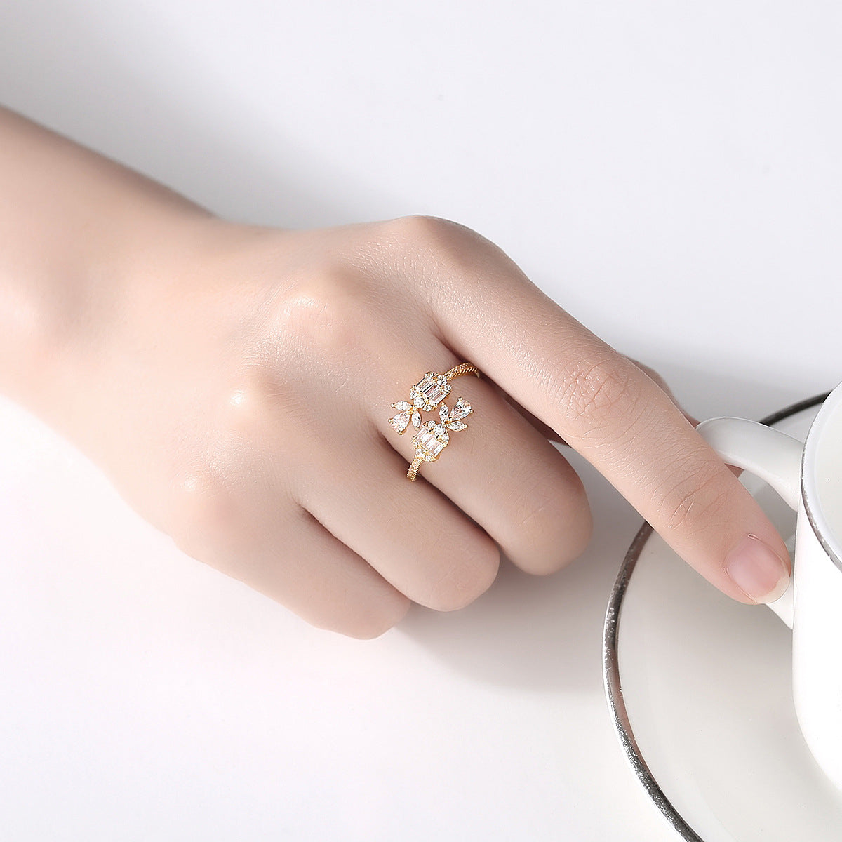 Crystal and Cubic Zirconia 18K Gold-Plated Botanical Bypass Ring, gold statement rings for women, detail close-up