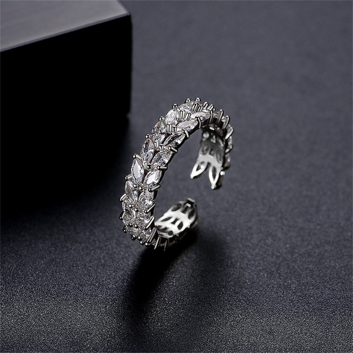 Crystal and Silver-Plated Wheat Open Ring, silver statement rings for women, botanical inspired, front view