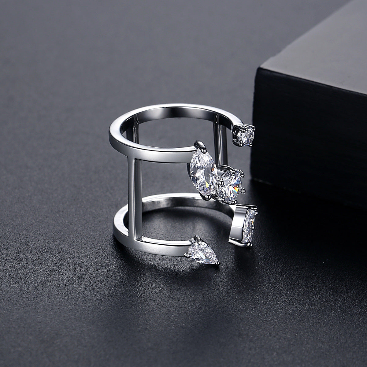 Crystal and Silver-Plated Open Ring, silver statement rings for women, vintage-inspired design, side view