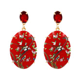 Red Crystal & 18K Gold-Plated Bird Branch Oval Drop Earrings