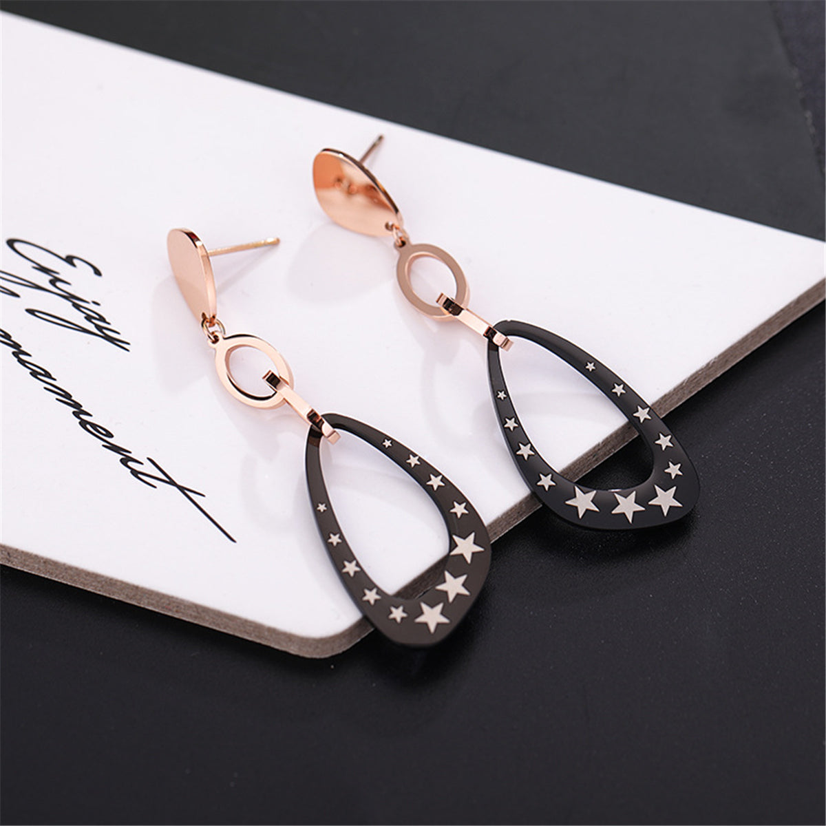 Black Acrylic and 18K Rose Gold-Plated Star Triangle Drop Earrings, rose gold drop earrings for women, styled look