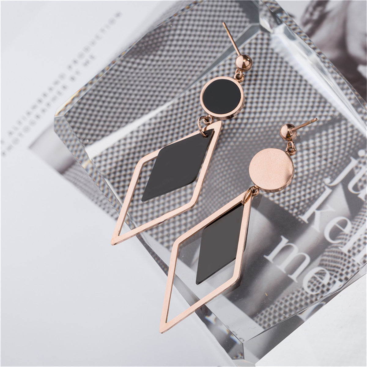 Black Acrylic and 18K Rose Gold-Plated Stacked Rhombus Drop Earrings, rose gold drop earrings for women, styled look