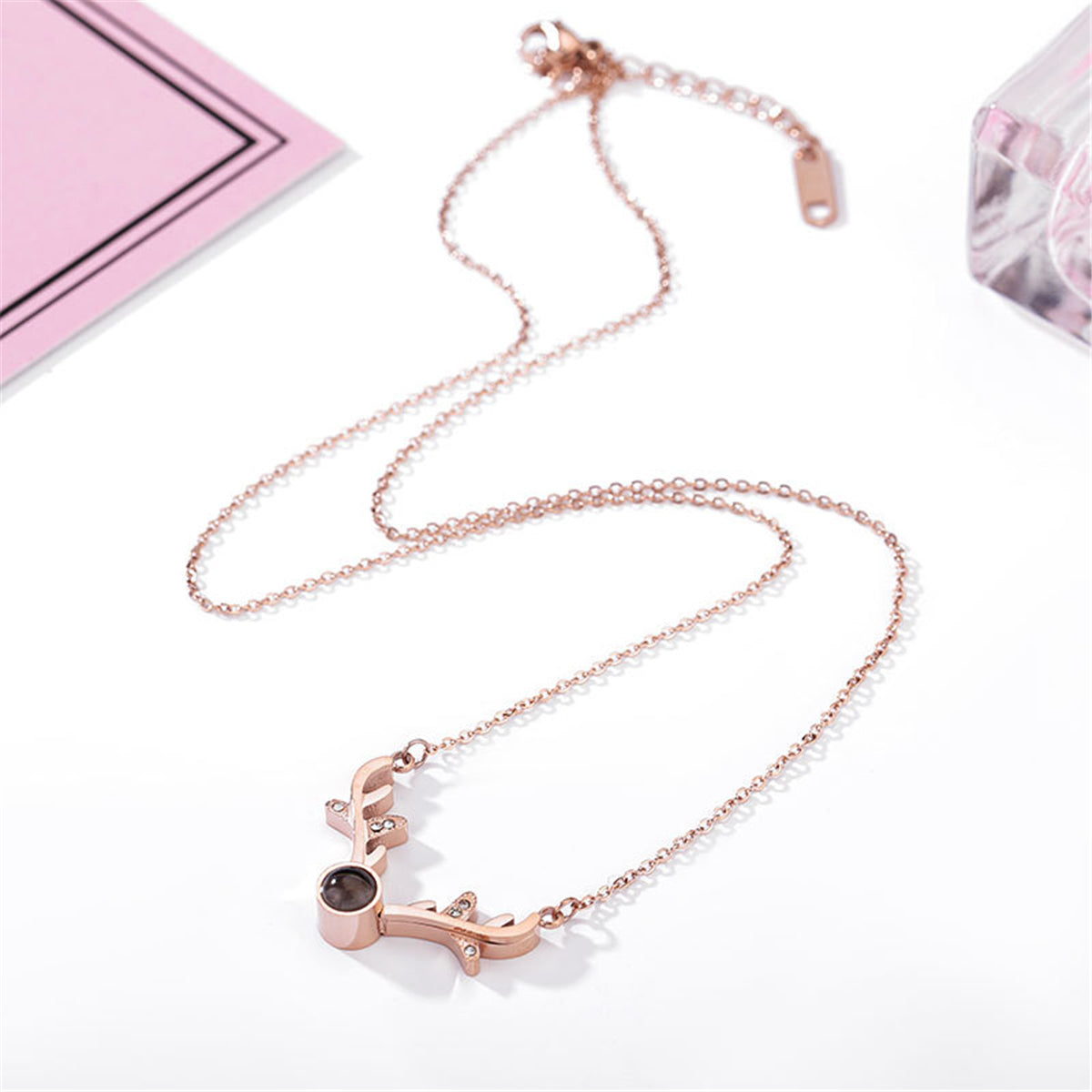Cubic Zirconia and 18K Rose Gold-Plated Antler Pendant Necklace, rose gold pendant necklace for women, styled look