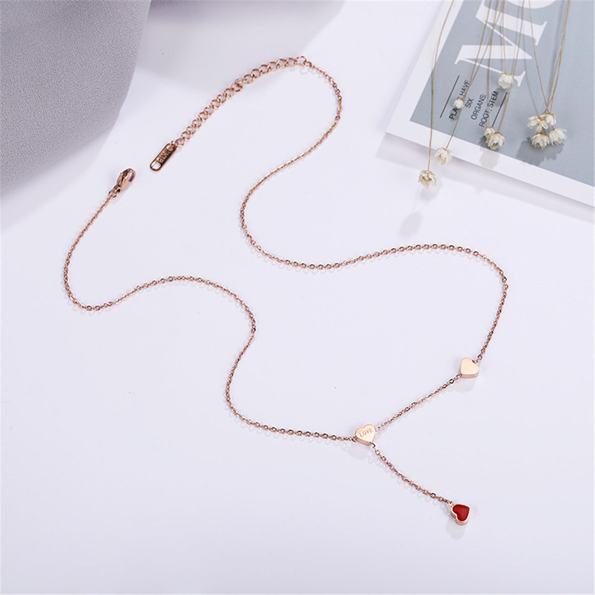 Red Enamel and 18K Rose Gold-Plated Heart Lariat Necklace, rose gold pendant necklace for women, styled look