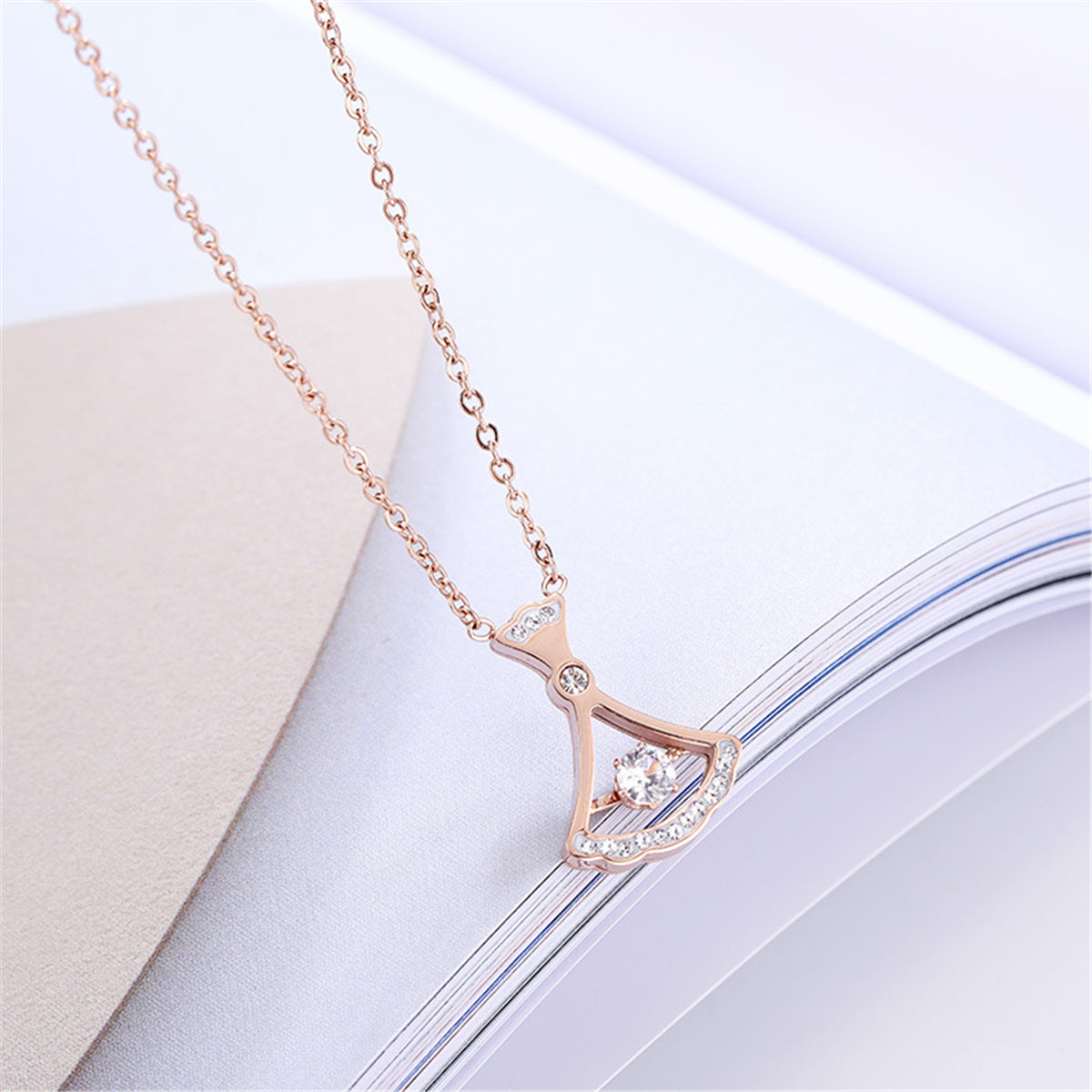 Cubic Zirconia and 18K Rose Gold-Plated Fan Pendant Necklace, rose gold pendant necklace for women, styled look