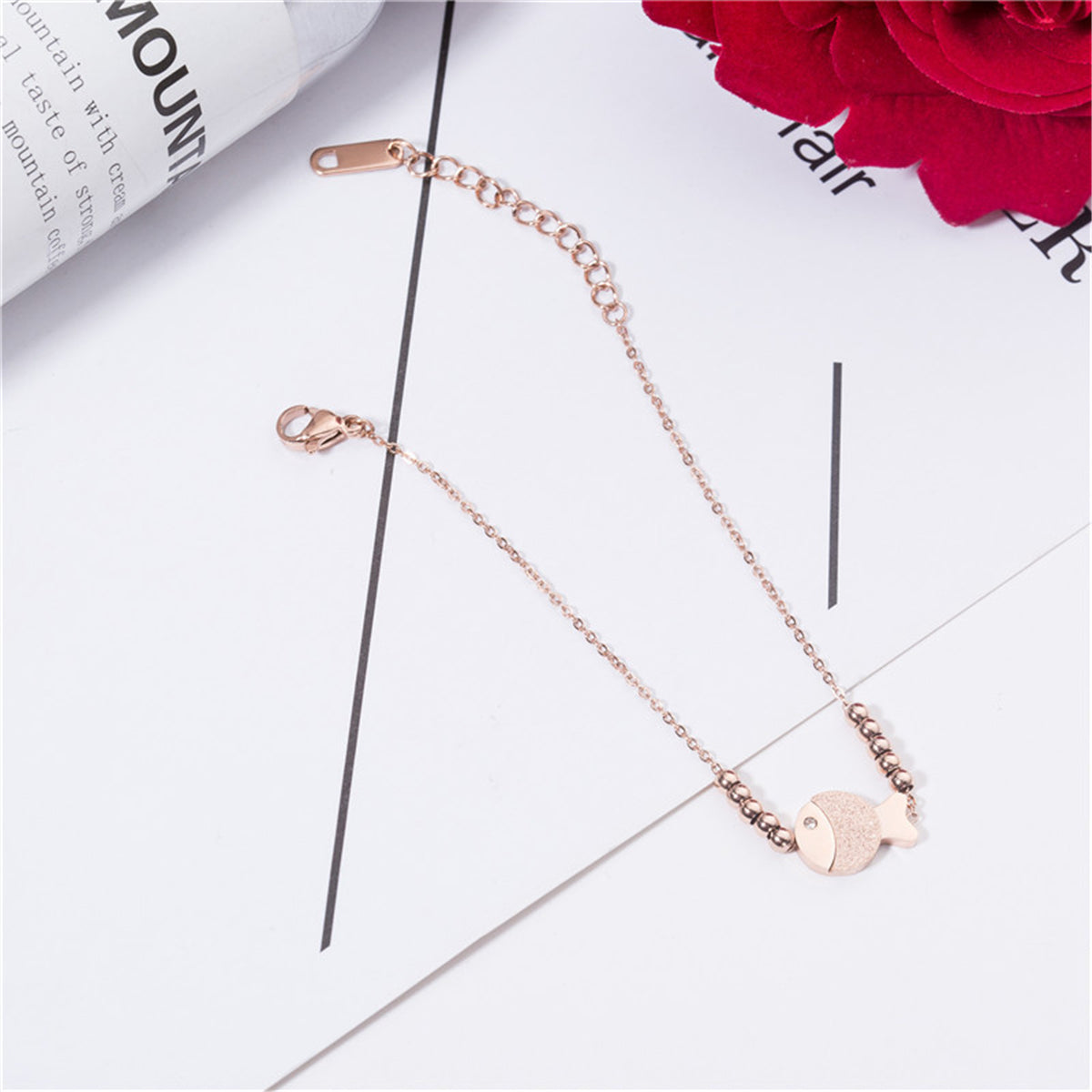 Cubic Zirconia and 18K Rose Gold-Plated Bead Chain Fish Charm Bracelet, rose gold bracelet for women, styled look