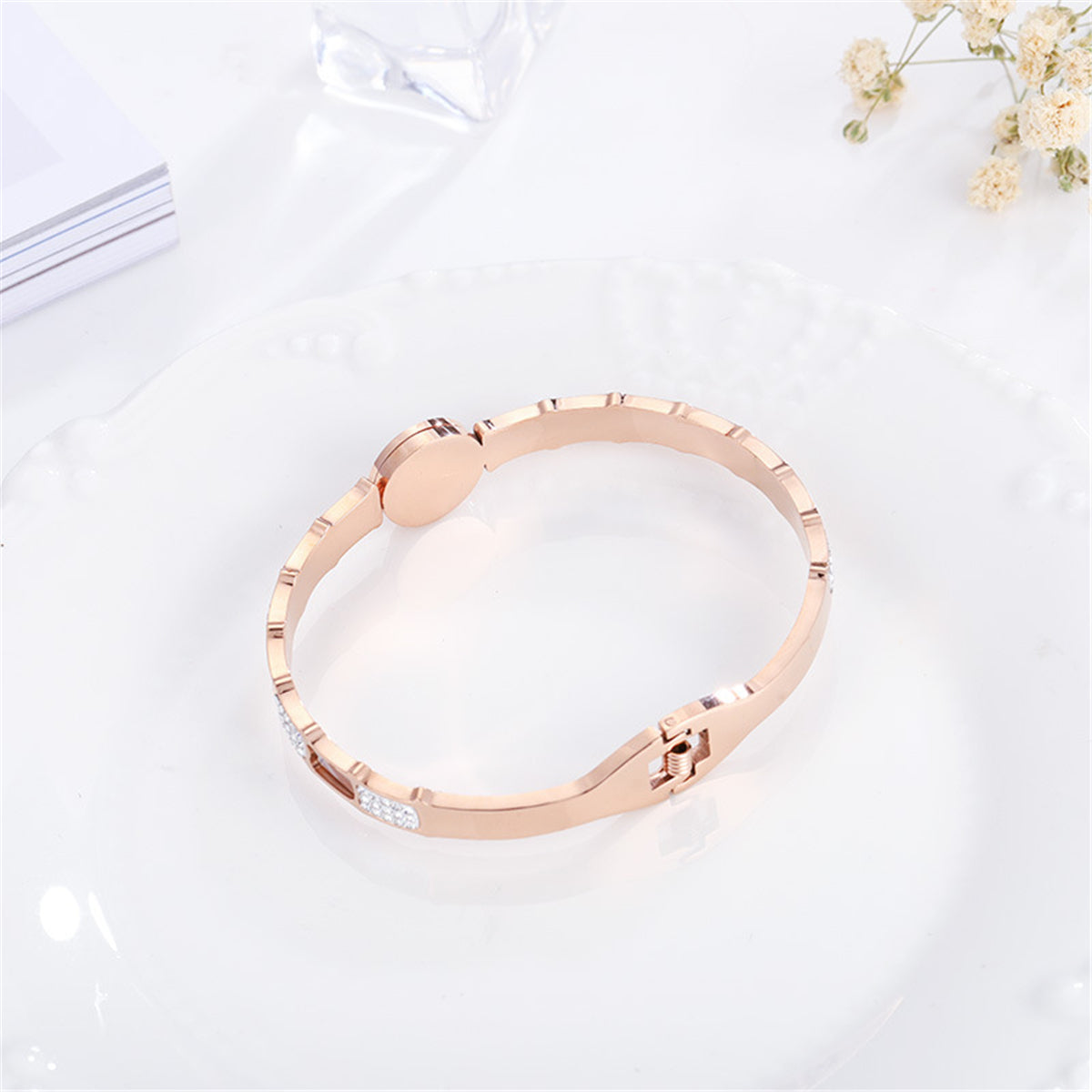 White Shell and Cubic Zirconia 18K Rose Gold-Plated Roman Numeral Hinged Bangle, rose gold bangle bracelet, styled look