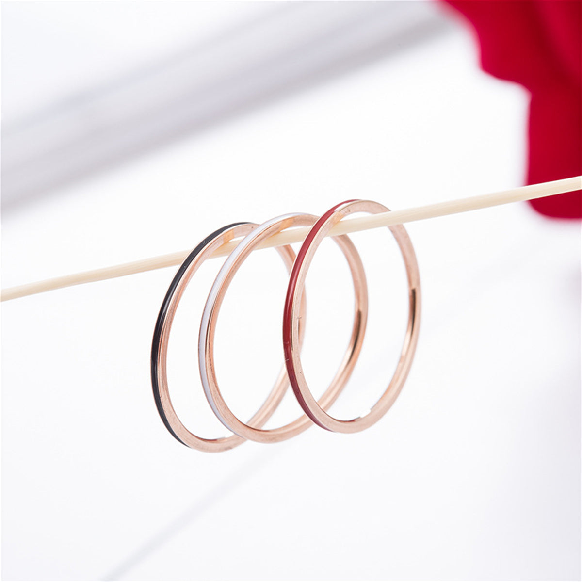 Red and Black Enamel 18K Rose Gold-Plated Band Ring - Set Of Three, jewelry gift sets for women, styled look