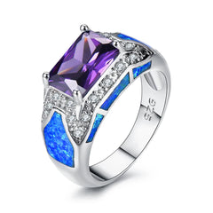 Blue Opal & Purple Crystal Rectangle Ring