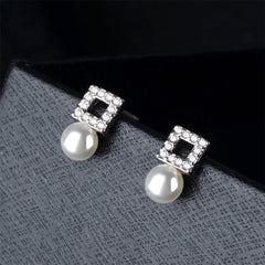 Pearl & Cubic Zirconia Square Stud Earrings