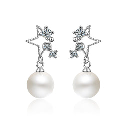 Cubic Zirconia & Pearl Silver-Plated Star Drop Earrings