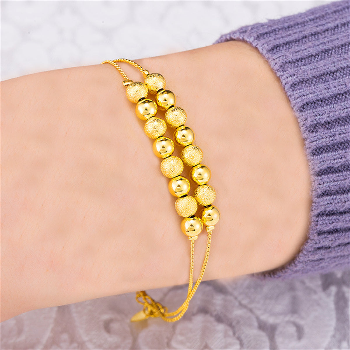 18K Gold-Plated Frosted Beaded Adjustable Bracelet, gold bracelet for women, botanical inspired, lifestyle look