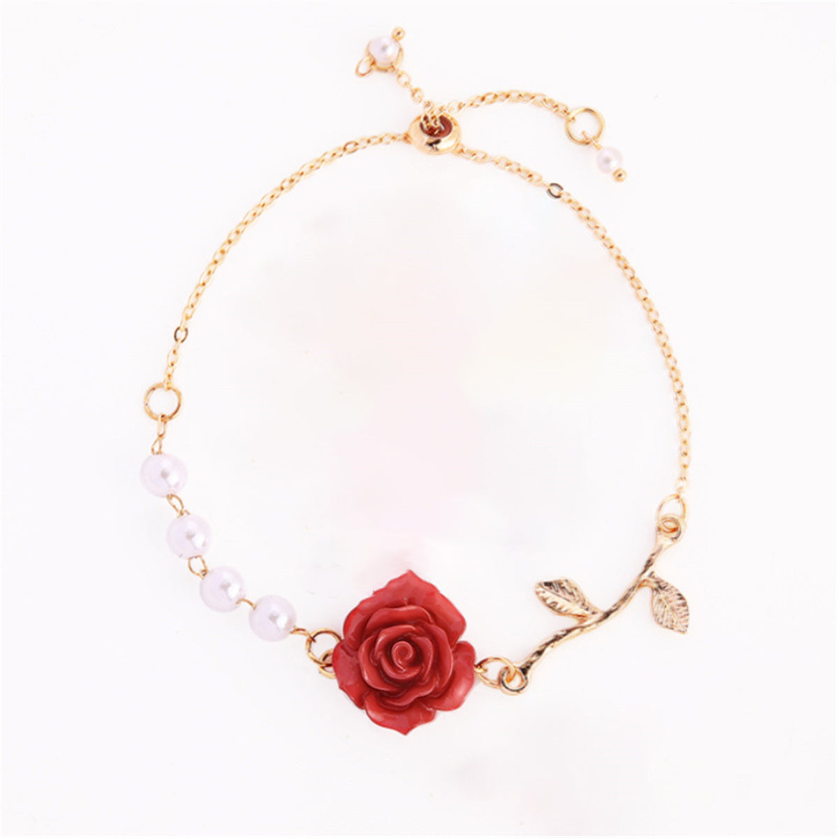 Red Resin and Pearl Rose Charm Adjustable Bracelet, bracelet for women, elegant gift for her, side view