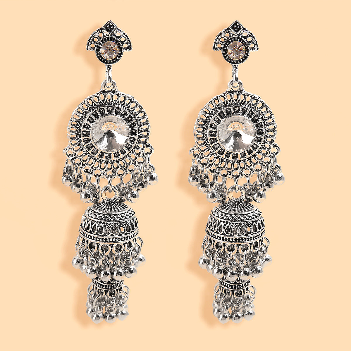Crystal and Silver-Plated Chandelier Drop Earrings, silver drop earrings for women, dainty minimalist design, front view
