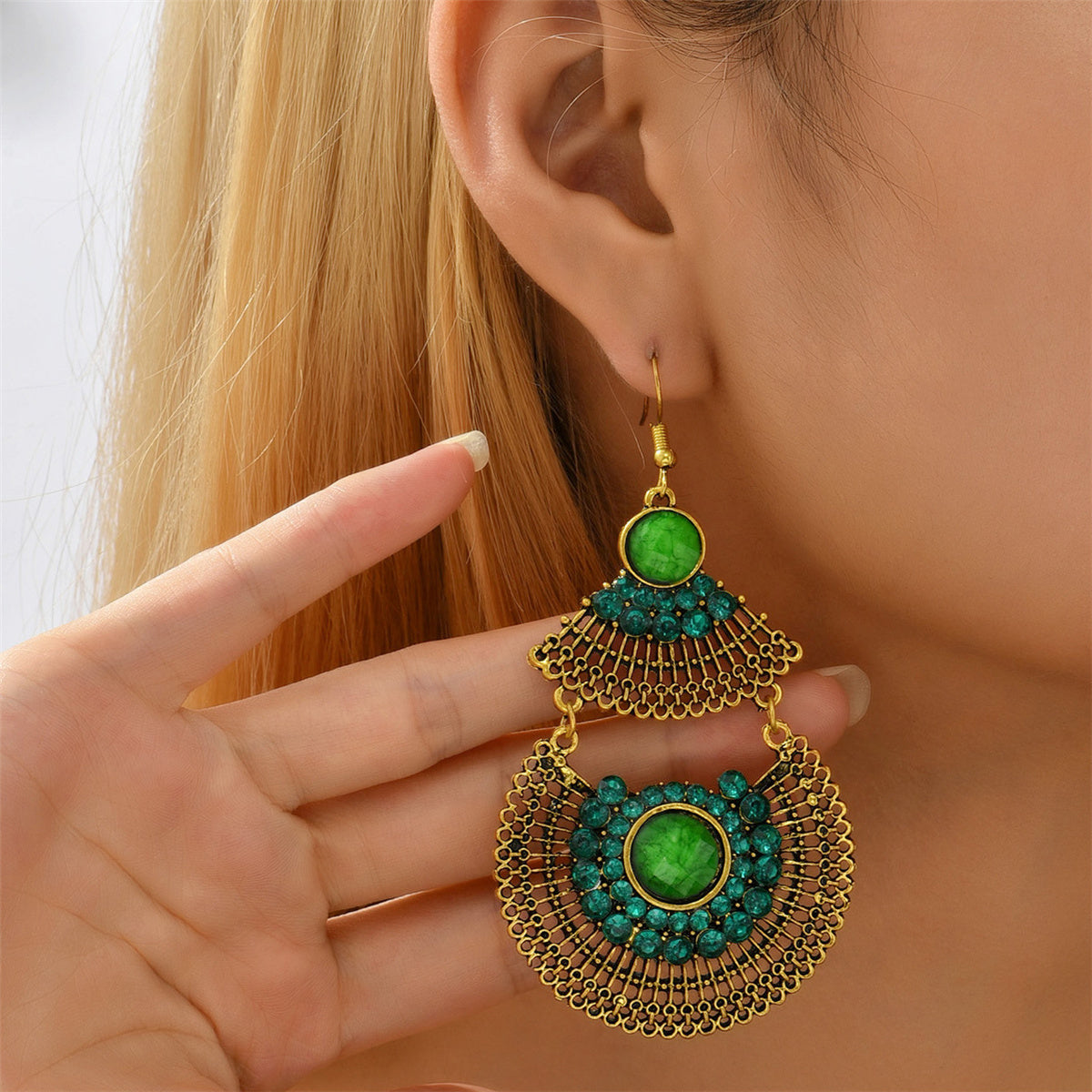 Green Cubic Zirconia and Quartz Patchwork Fan Drop Earrings, drop earrings for women, botanical inspired, styled look