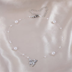 Pearl & Nylon Butterfly Illusion Pendant Necklace