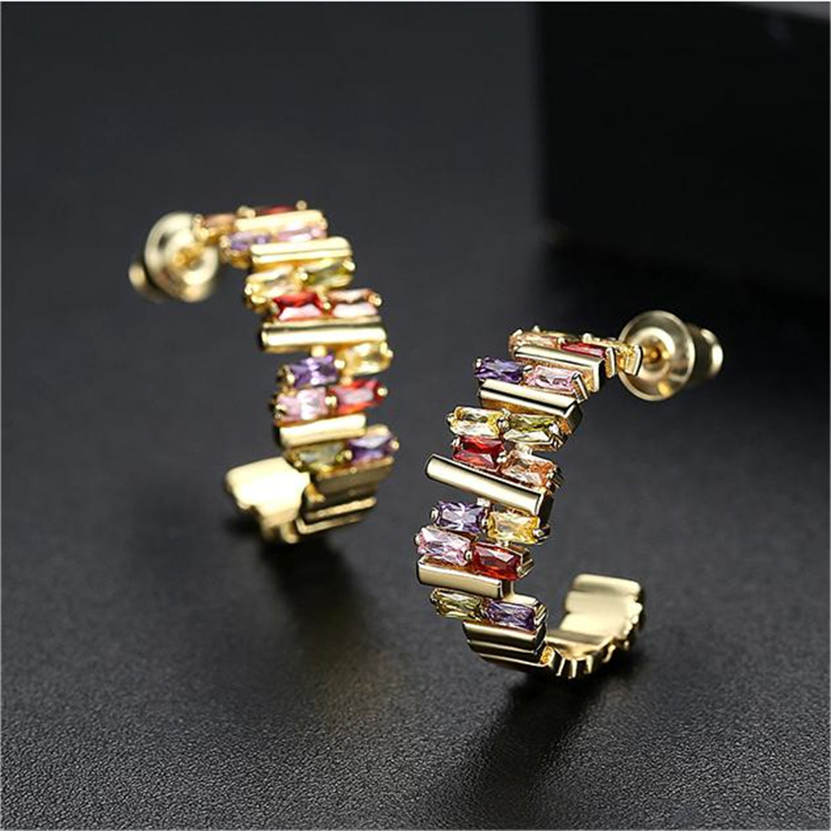 Multicolor Crystal and 18K Gold-Plated Ladder Huggie Earrings, gold huggie earrings, elegant gift for her, front view