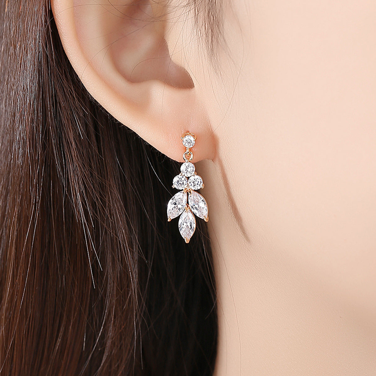 Crystal and Cubic Zirconia 18K Rose Gold-Plated Leaves Drop Earrings, rose gold drop earrings for women, side view