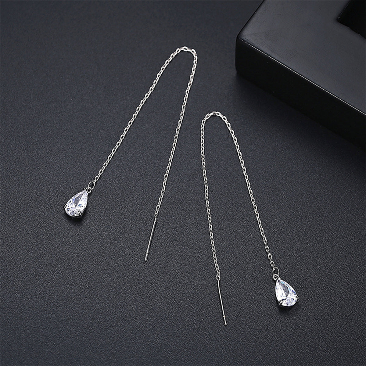 Crystal and Silver-Plated Drop Threader Earrings, silver drop earrings for women, elegant gift for her, front view