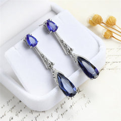 Blue Crystal & Silver-Plated Drop Earrings
