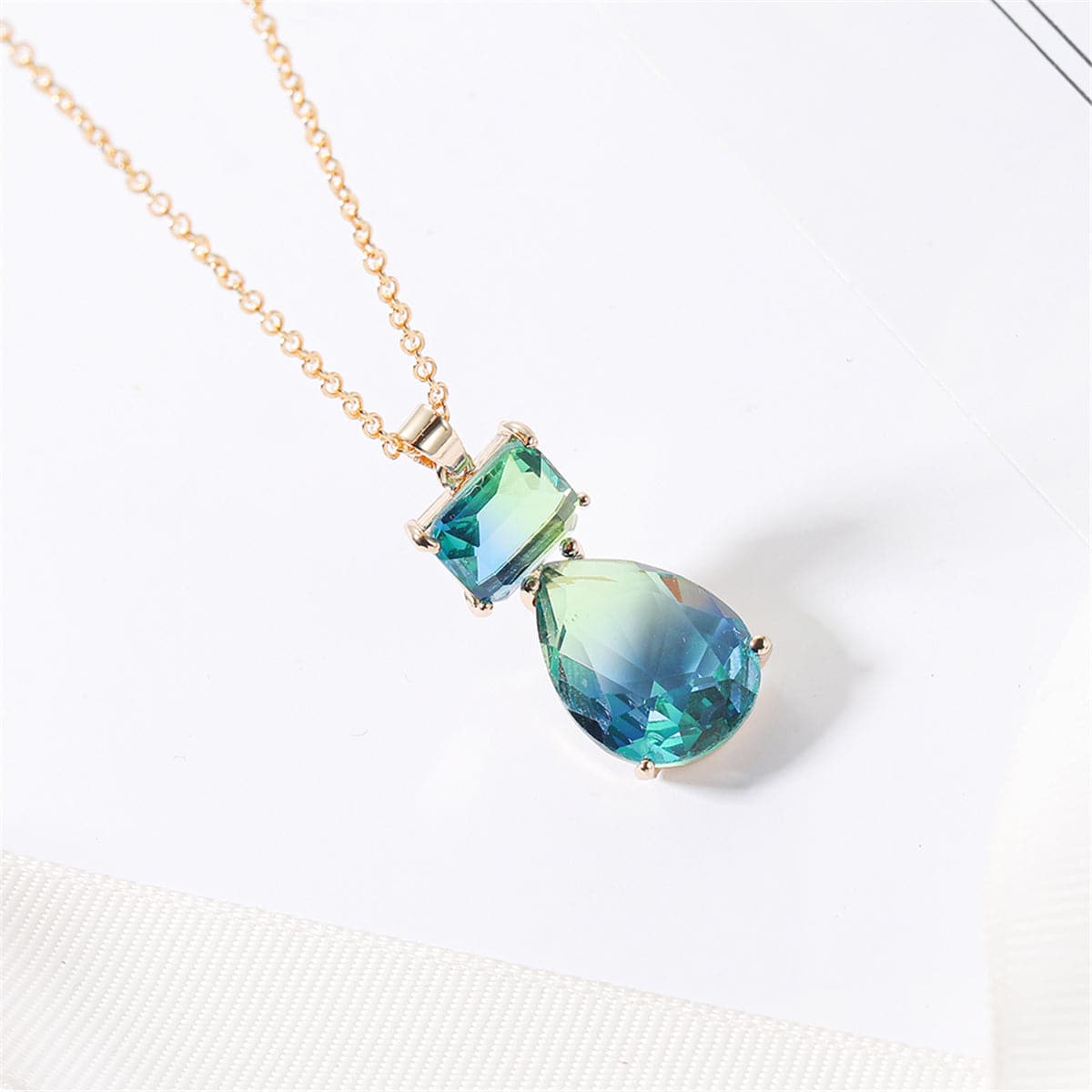 Blue Crystal and 18K Gold-Plated Stack Teardrop Pendant Necklace, gold pendant necklace for women, styled look