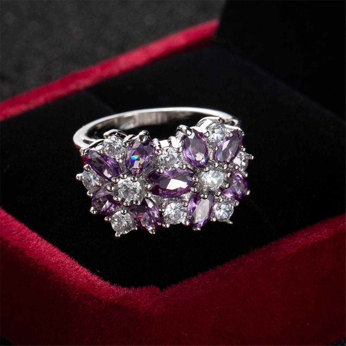 Purple Crystal and Silver-Plated Floral Band Ring, silver statement rings for women, elegant gift for her, styled look