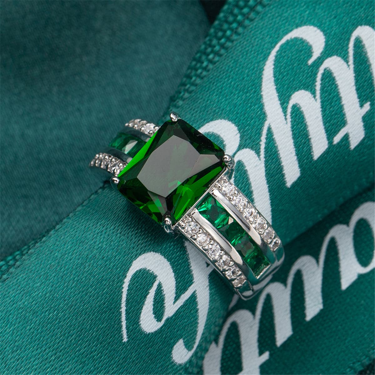 Green Crystal and Cubic Zirconia Princess-Cut Ring, statement rings for women, everyday style, styled look