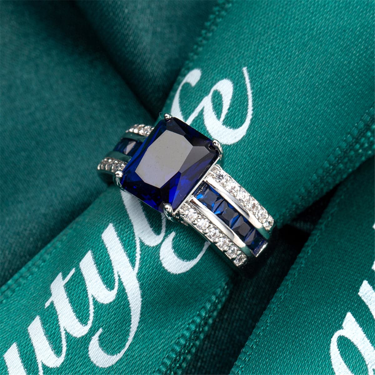 Navy Crystal and Cubic Zirconia Princess-Cut Ring, statement rings for women, dainty minimalist design, styled look
