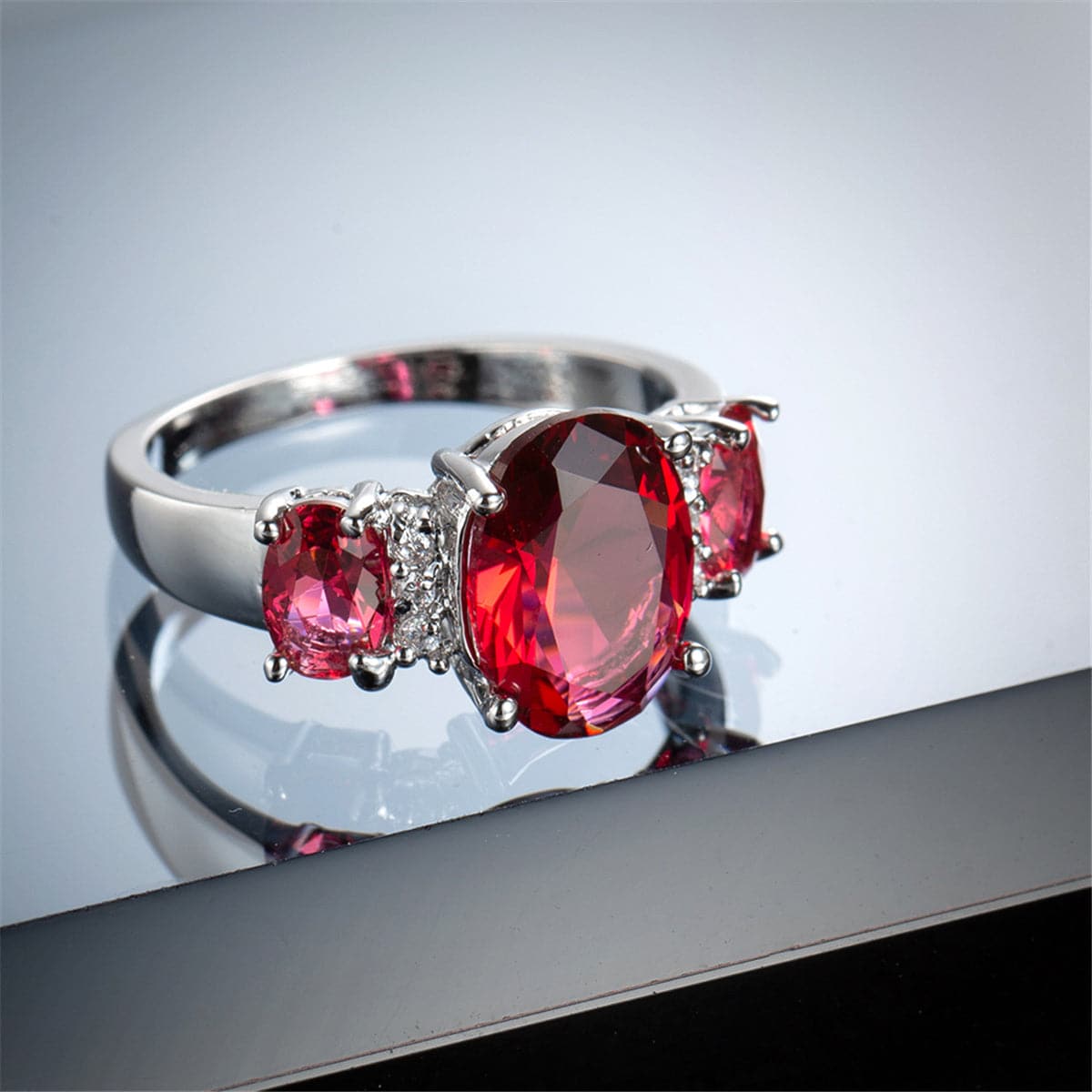 Rose Crystal & Polatinum-Plated Three-Stone Ring