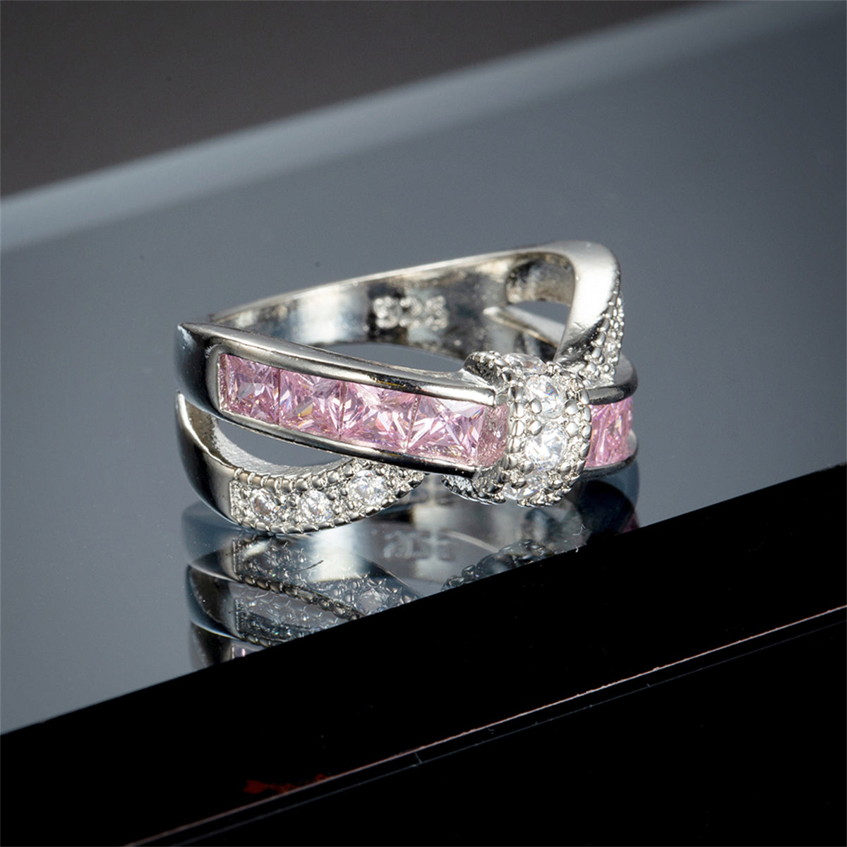 Pink Crystal and Cubic Zirconia Openwork Twist Princess-Cut Ring, statement rings for women, styled look