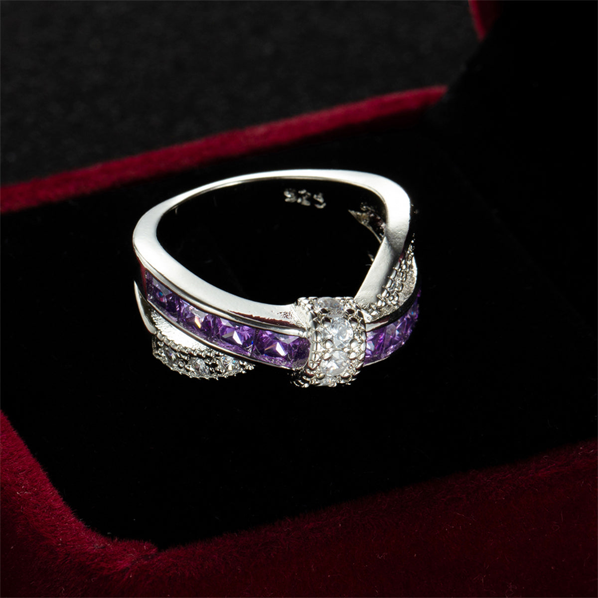 Purple Crystal and Cubic Zirconia Openwork Twist Princess-Cut Ring, statement rings for women, styled look