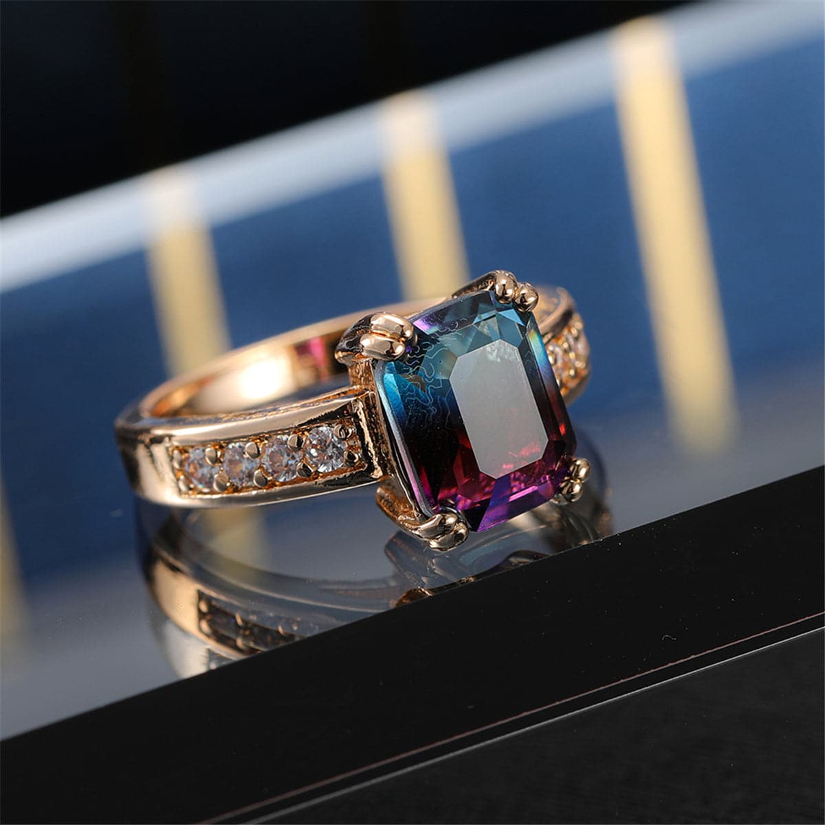 Purple Crystal and Cubic Zirconia Rectangle Double-Prong Ring, statement rings for women, lifestyle look